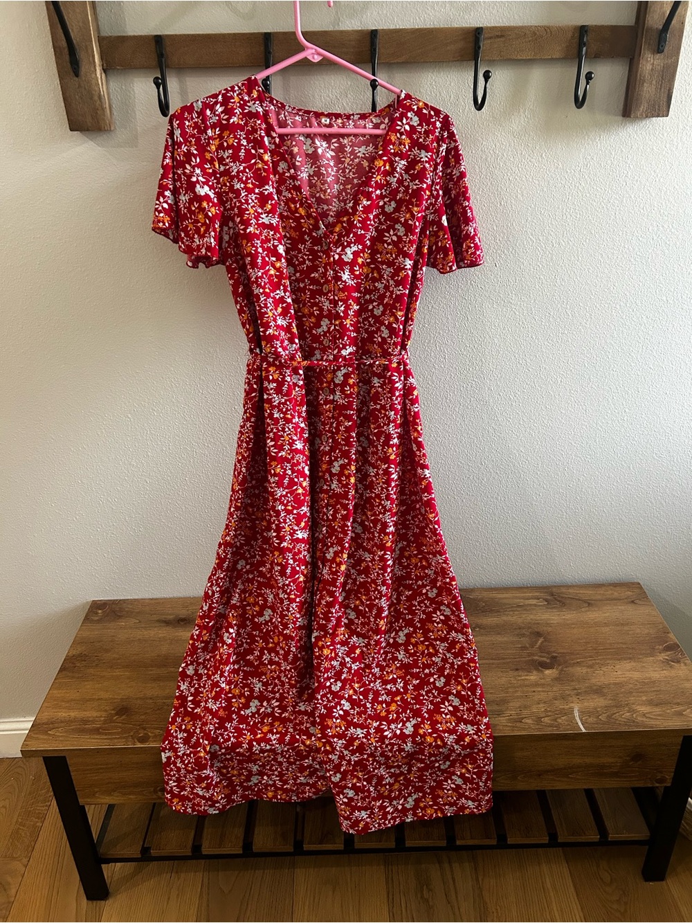 Floral V-Neck Red Midi Dress